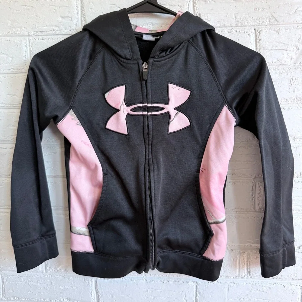 Under Armour Girls Youth Size 6X Black Pink Camo Zip Up‎ Hoodie Athletic